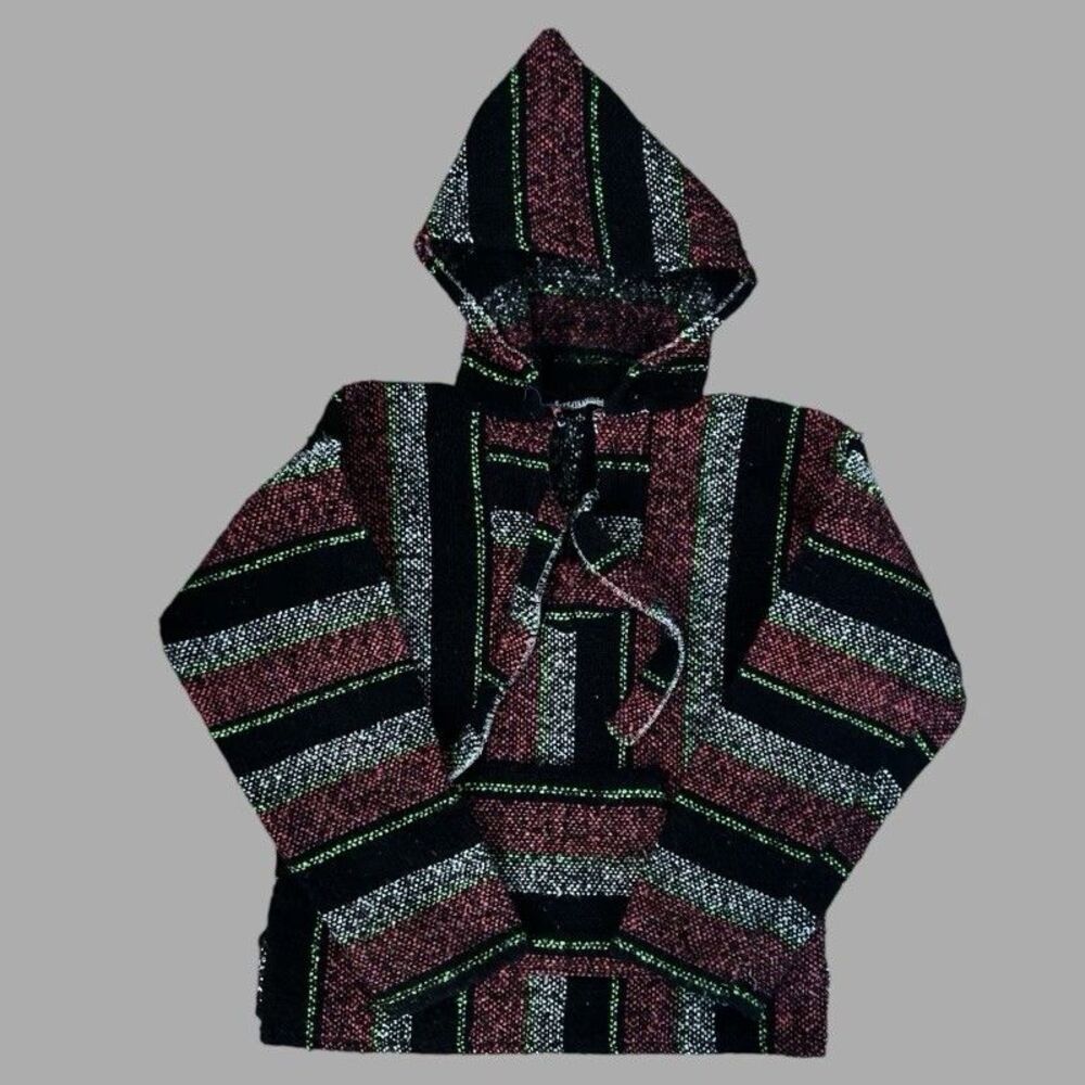 Mexican Baja Hoodie Small Multicolor Striped Boho Hippie Pullover Drug Rug